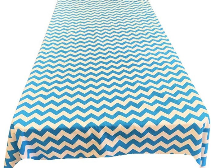 New Creations Fabric & Foam Inc, Chevron / Zig Zag Print Poly Cotton Tablecloth (White/ Turquoise , Choose Size Below