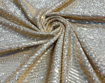 Gold chain shiny sequins design on a 4 way stretch mesh fabric -prom-sold by the yard.