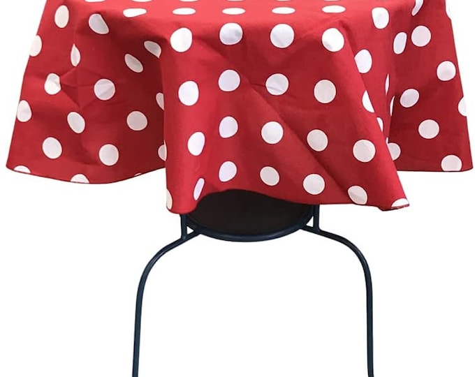 New Creations Fabric & Foam Inc, Round Poly Cotton Print Tablecloth (Polka Dot White on Red. Choose Size Below