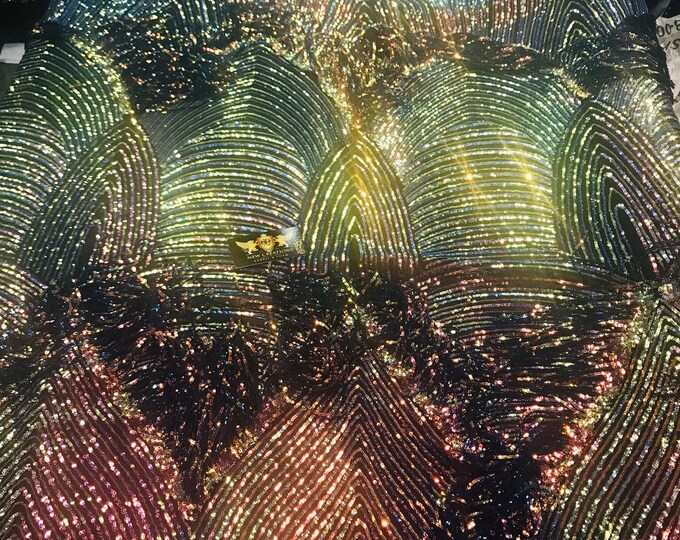 NEW!! Rainbow iridescent fringe sequins design on a 4 way black stretch mesh fabric-prom-nightgown-sold by the yard-free shipping in the USA