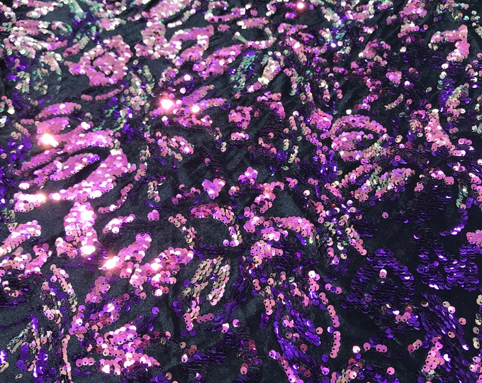 Purple, Lavender iridescent sequins flip two tone floral design on a black stretch velvet, Sold by the yard.