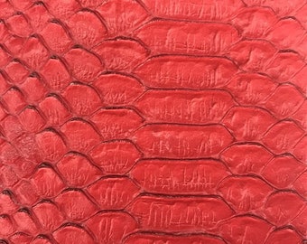 Matt Red, 53/54" Wide Snake Fake Leather Upholstery, 3-D Viper Snake Skin Texture Faux Leather PVC Vinyl Fabric by The Yard