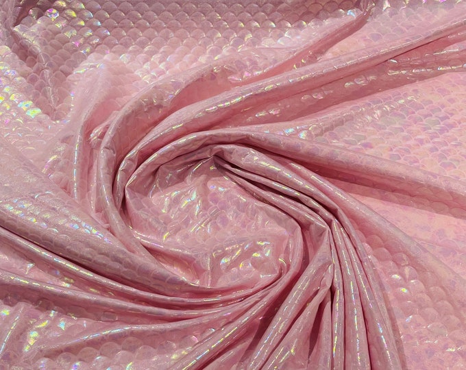 Pink illusion iridescent mermaid fish scales stretch spandex-sold by the yard