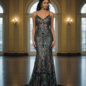 Tessuto a rete nero elasticizzato in quattro direzioni con ricamo di paillettes iridescenti, elegante, venduto tagliato su misura.