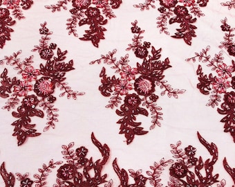 Gorgeous Burgundy French design embroider and beaded on a mesh lace. Wedding/Bridal/Prom/Nightgown fabric.