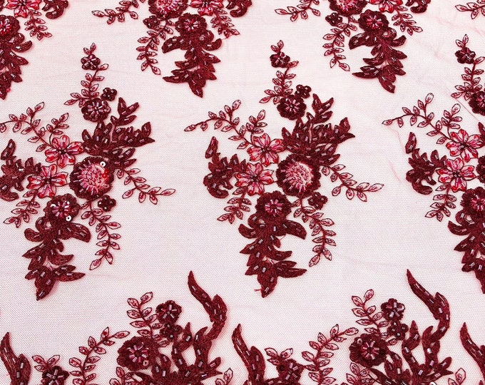 Gorgeous Burgundy French design embroider and beaded on a mesh lace. Wedding/Bridal/Prom/Nightgown fabric.