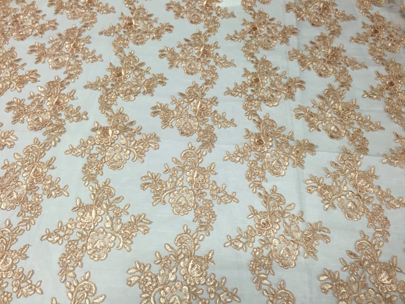 Champagne modern roses embroider on a mesh lace yard