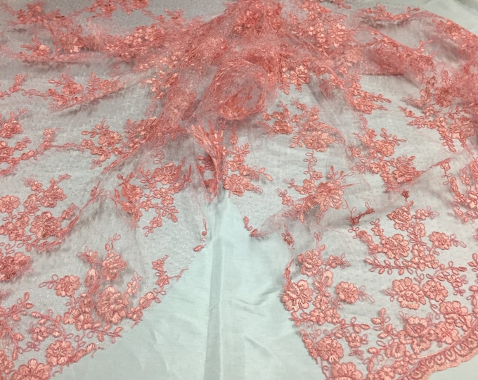 Sensational coral flowers Embroider And Corded On a Polkadot Mesh Lace-prom-nightgown-decorations-dresses-sold by the yard.