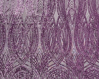 Purple Feather damask shiny sequin design on a 4 way stretch mesh Fabric-prom-sold by the yard.