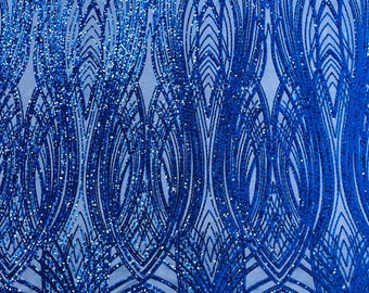 Royal Blue Feather damask shiny sequin design on a 4 way stretch mesh Fabric-prom-sold by the yard.