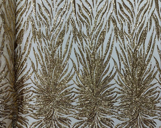 Gold - Phoenix feather design with sequins embroider on a White 4 way stretch mesh fabric-sold by the yard.