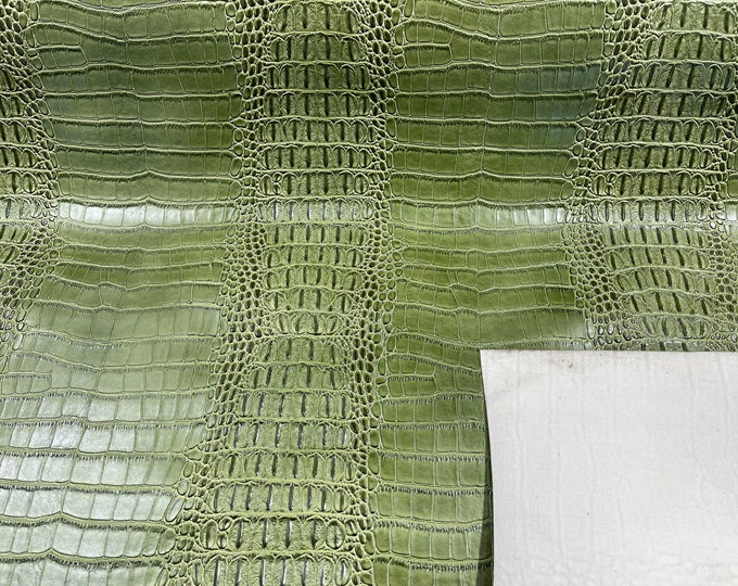 Olive Green 53/54" Wide Gator Fake Leather Upholstery, 3-D Crocodile Skin Texture Faux Leather PVC Vinyl Fabric Sold By The Yard.