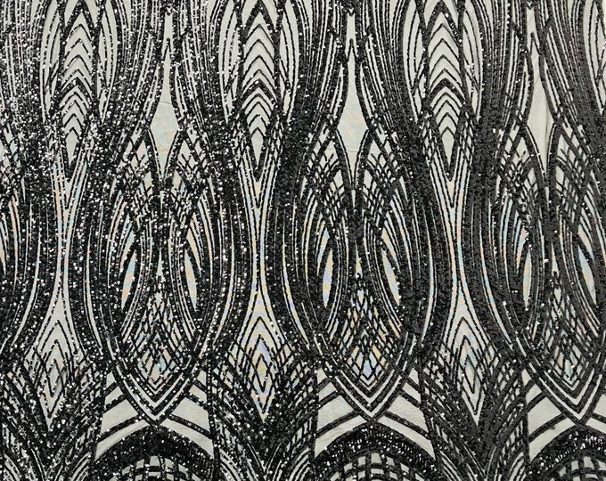Black Feather damask shiny sequin design on a 4 way stretch mesh Fabric-prom-sold by the yard.