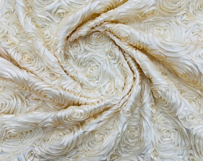 Cream 3D Rosette Embroidery Satin Rose Flowers  Floral on a satin Fabric by the yard.