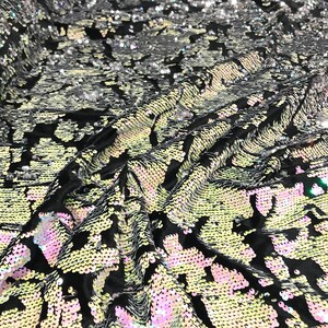 Sequins Flip Two Tone Camouflage Design on a Black Stretch Velvet, Sold by the Yard. Pink/Green main image 1