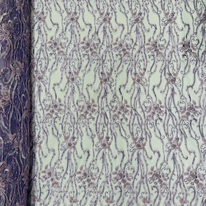 Lavender, Vine Floral Beaded Lace/Sequin Embroider Lace Fabric - Sold By the Yard.