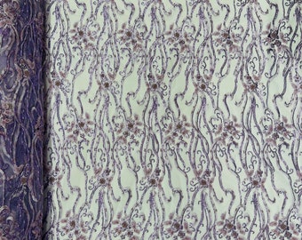 Lavender, Vine Floral Beaded Lace/Sequin Embroider Lace Fabric - Sold By the Yard.