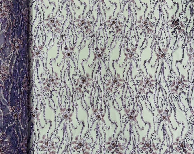 Lavender, Vine Floral Beaded Lace/Sequin Embroider Lace Fabric - Sold By the Yard.