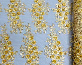 Gold 3d floral design embroider and beaded with rhinestones on a mesh lace-prom-dresses-nightgown-apparel-fashion-sold by yard.