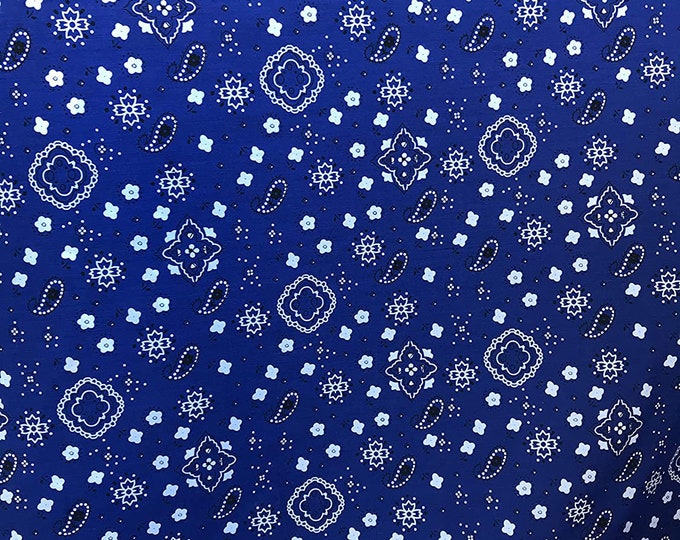 Royal Blue 58/59" Wide 65% Polyester 35 percent  Cotton Bandanna Print Fabric, Good for Face Mask Covers, Sold By The Yard.