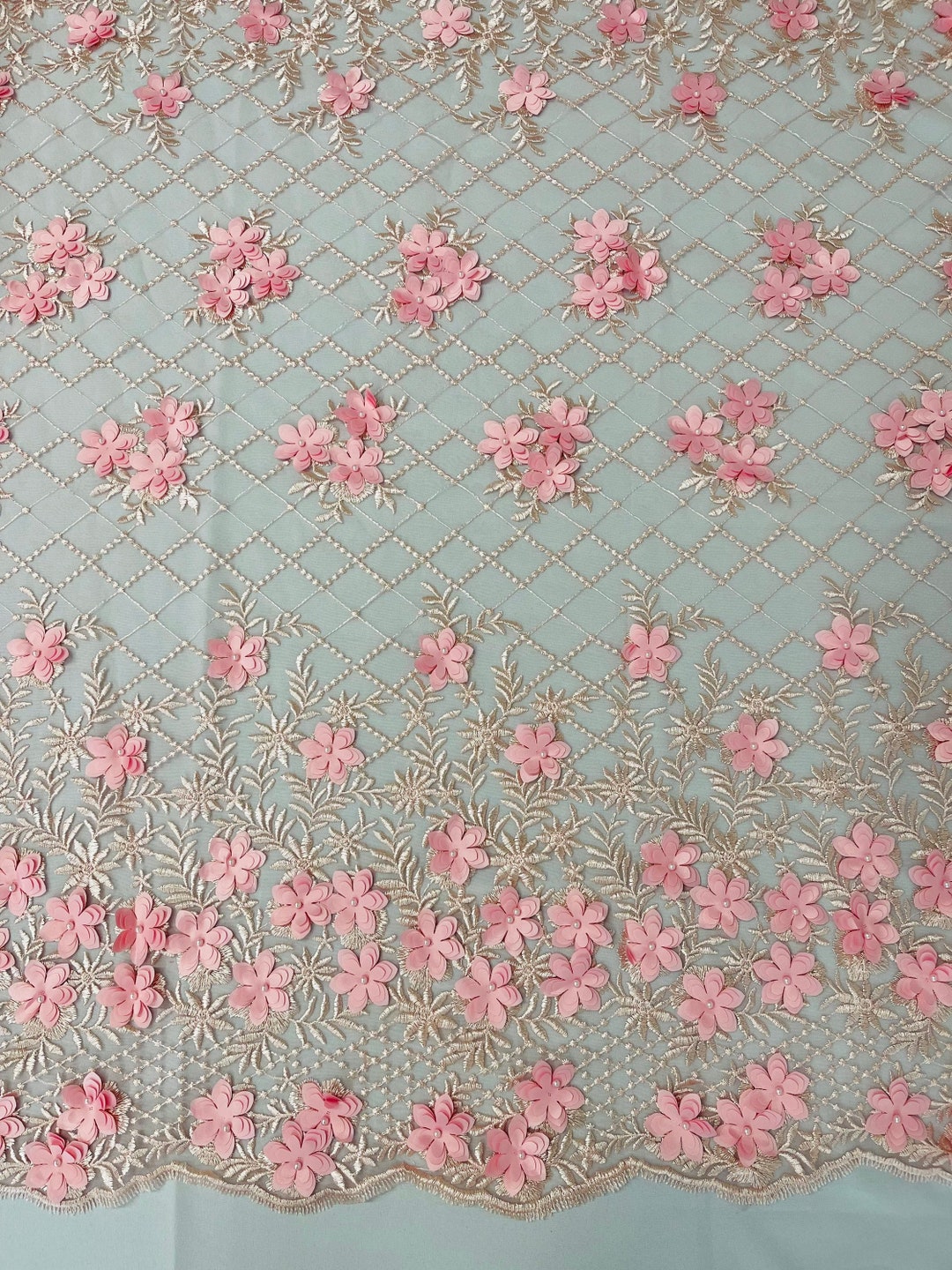 Blush pink 3d floral design embroider with beads and pearls on a mesh lace-prom-nightgown-sold by yard.