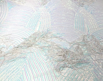 Aqua iridescent fringe sequins design on a White 4 way stretch mesh fabric-prom-sold by the yard.
