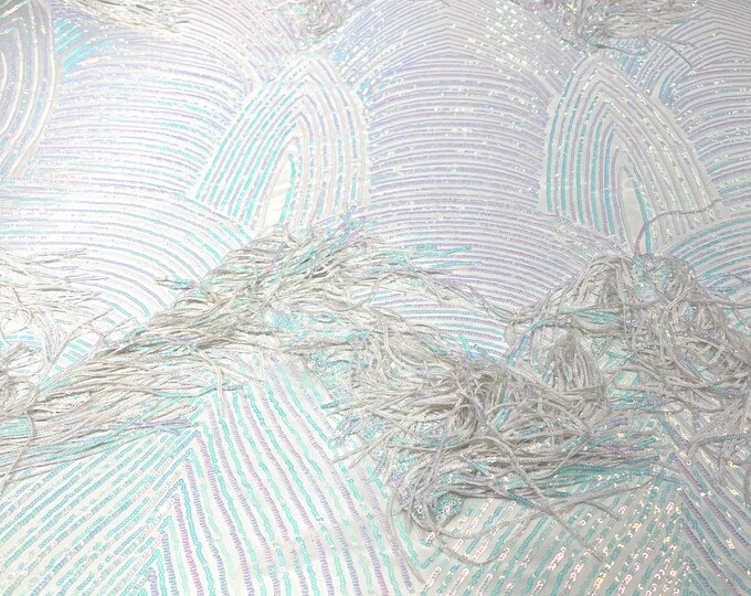 Aqua iridescent fringe sequins design on a White 4 way stretch mesh fabric-prom-sold by the yard.