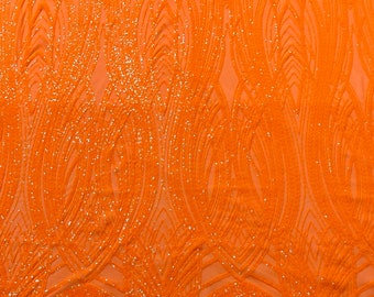 Neon Orange Feather damask glossy sequin design on a 4 way stretch mesh-prom-sold by the yard.