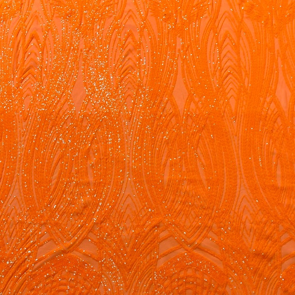 Damask Design Sequins Embroider on a 4 Way Stretch Mesh Fabric- Sold by The Yard. Neon Orange Black Iridescent main image 0