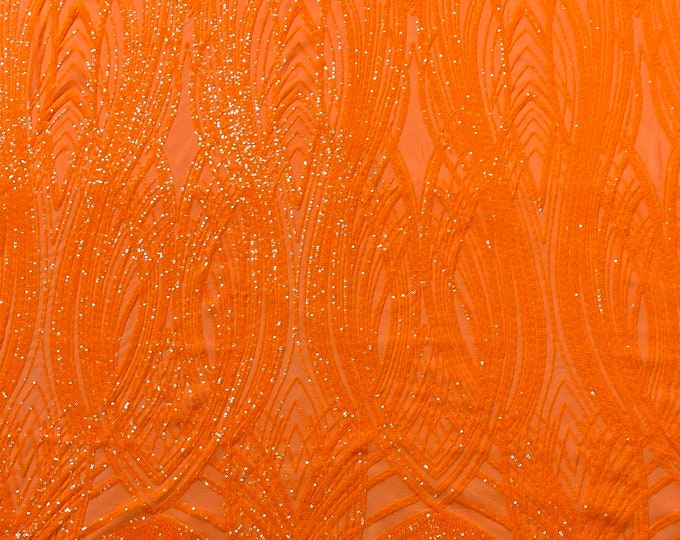 Neon Orange Feather damask glossy sequin design on a 4 way stretch mesh-prom-sold by the yard.