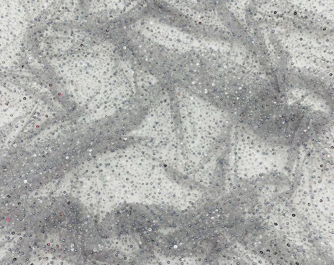 Silver All Over Luxury Beaded Mesh with Pearls, Sequins for Wedding Dresses, Prom Gowns