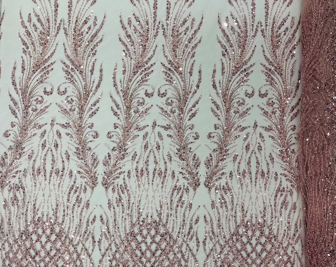 Dusty pink feathers damask embroider and heavy beaded on a mesh lace fabric-sold by the yard