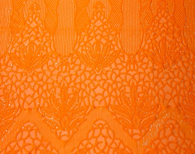 Neon Orange glossy floral damask sequin design on a 4 way stretch mesh-prom-sold by the yard.