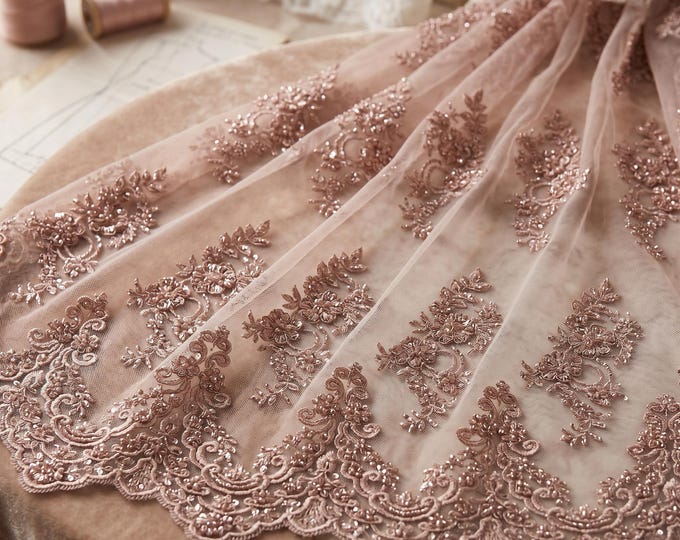 Dusty Rose Hand Beaded Floral Embroidered Mesh Lace Fabric By The Yard, Sequin Bridal Lace For Prom Dresses, Evening Gowns & Couture Apparel