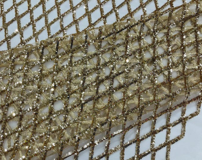 Diamond Sequin Mesh Fabric 54" Wide| Wedding & Party- Light Gold
