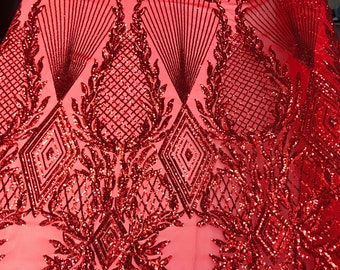 Red geometric diamond design with shiny sequins on a 4 way stretch mesh-dresses-prom-nightgown-sold by the yard-free shipping in the USA.