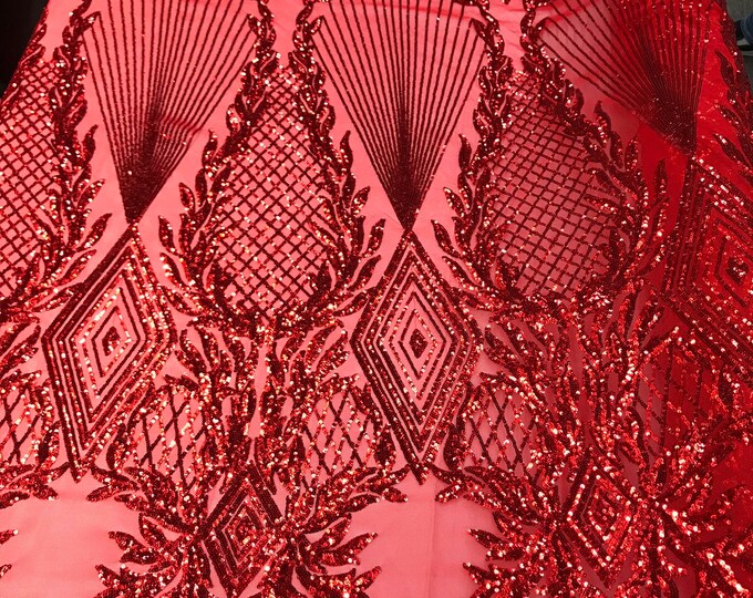 Red geometric diamond design with shiny sequins on a 4 way stretch mesh-dresses-prom-nightgown-sold by the yard-free shipping in the USA.