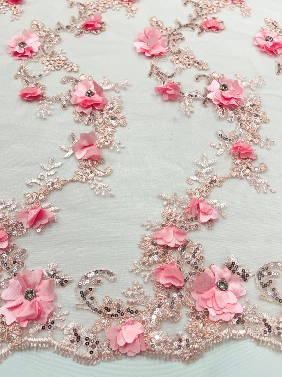 Coral-pink French Beaded Design Embroider On A Mesh-Prom-nightgown-sold By Yard. main image 0