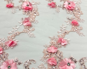 Pink 3d floral design embroider and beaded with rhinestones on a mesh lace-prom-apparel-fashion-sold by yard.