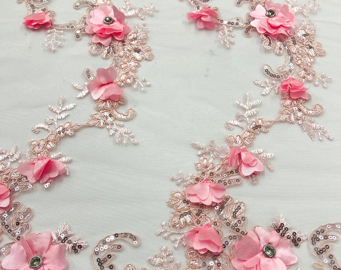 Pink 3d floral design embroider and beaded with rhinestones on a mesh lace-prom-apparel-fashion-sold by yard.