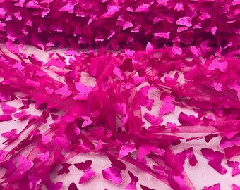 Fuchsia 3D butterfly metallic design embroider on a mesh fabric - Sold By the Yard .