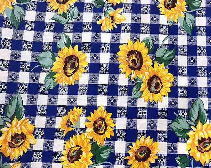 Sunflower On Royal 58/59" Wide 65% Polyester 35 percent Cotton Fabric, Sunflower Print, Good to Make Face Mask Covers, Sold By The Yard.