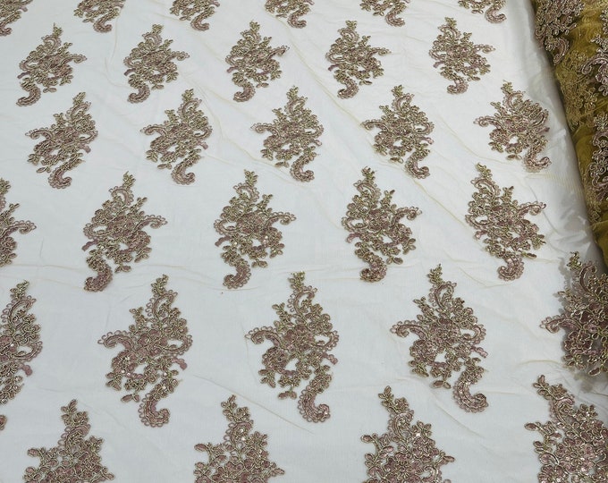Rose Gold floral design embroidery on a mesh lace with sequins and metallic cord-sold by the yard.