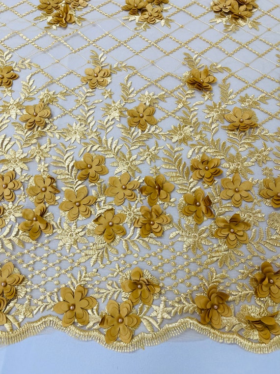 Gold 3D floral Vine Design Embroider and heavy beading on a mesh lace-sold by the yard. main image 0