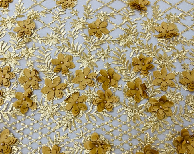 Gold Lia 3d floral design embroider with pearls in a mesh lace-dresses-fashion-decorations-prom-nightgown-sold by the yard.