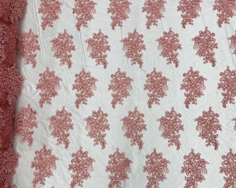 Dusty rose corded embroider flowers with sequins on a mesh lace fabric-prom-sold by the yard.