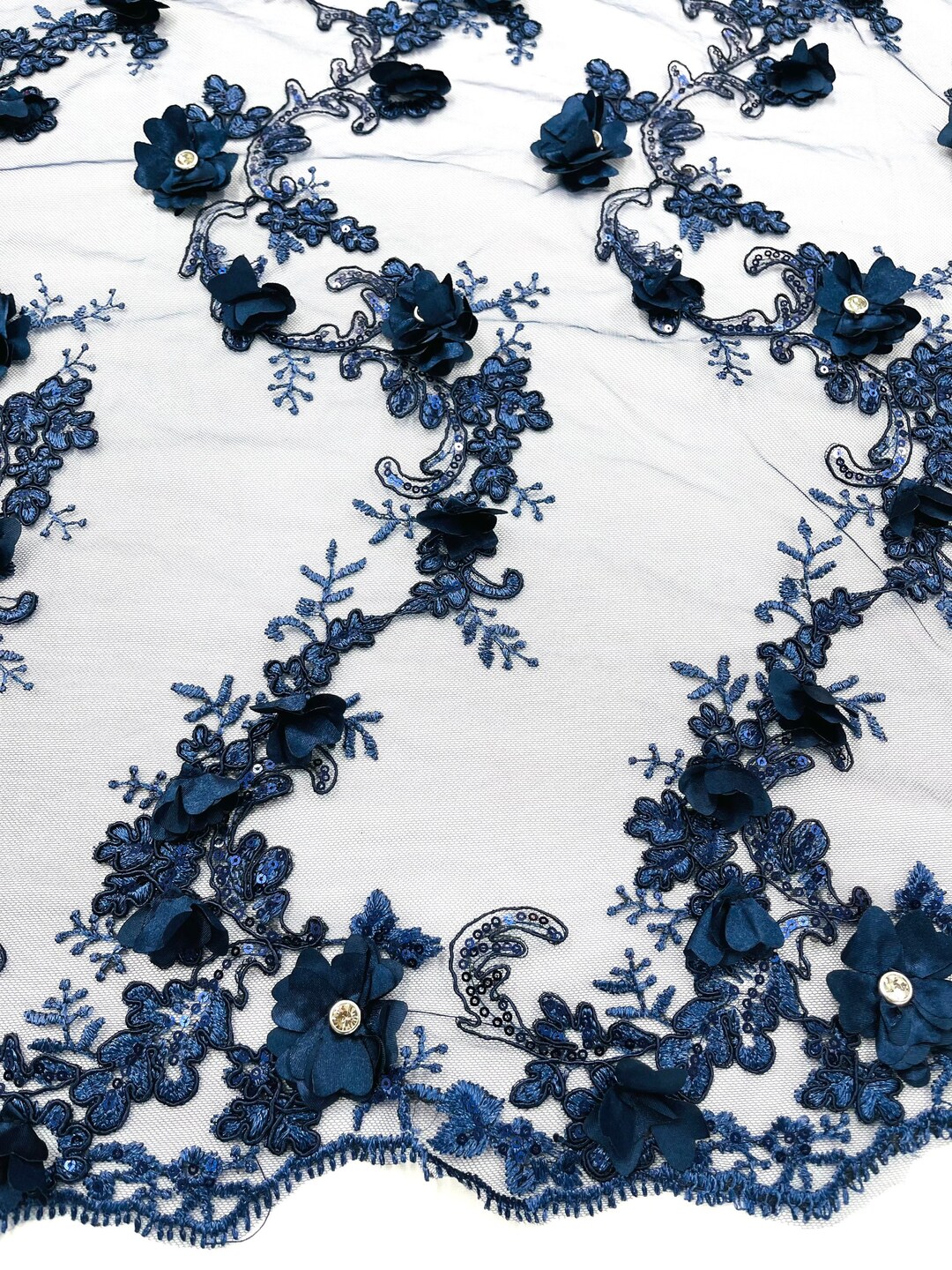 Navy 3d Floral Design Embroider and Beaded With Rhinestones on a Mesh ...