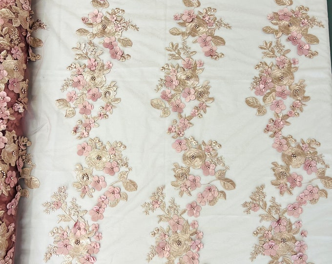 Dusty Rose Diana 3d floral design embroider with pearls in a mesh lace-sold by the yard.