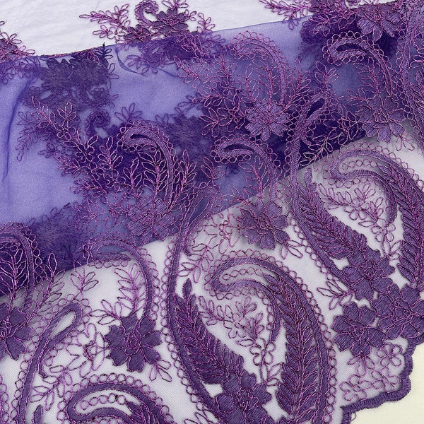 Purple metallic corded embroider flowers with Paisley design on a mesh lace fabric-prom-sold by the yard.