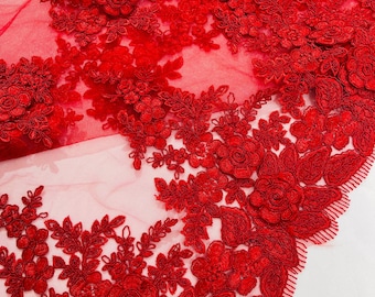 Red corded lace 3d floral embroider sold by the yard.